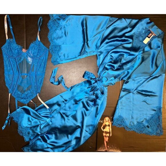 Victoria's Secret XS unlined GARTER TEDDY+ROBE GOWN neon BLUE silver SHINE STRAP